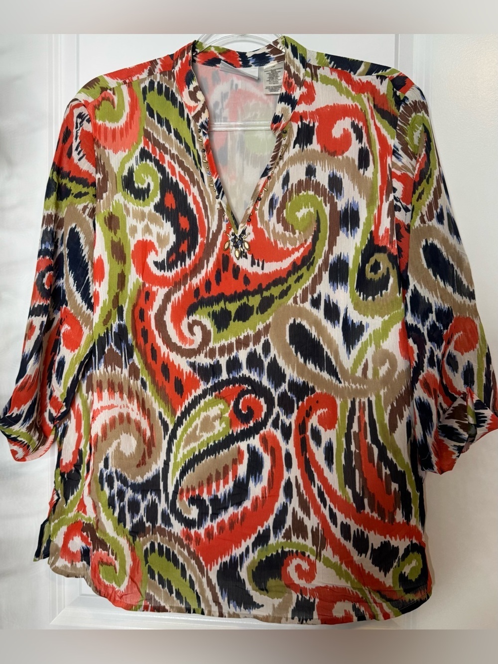 Alfred Dunner Coral, Olive & Black Paisley V-Neck Blouse with beaded accent 14P